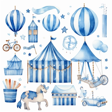 watercolour clipart of blue and white Carnival Nursery Art, with white background