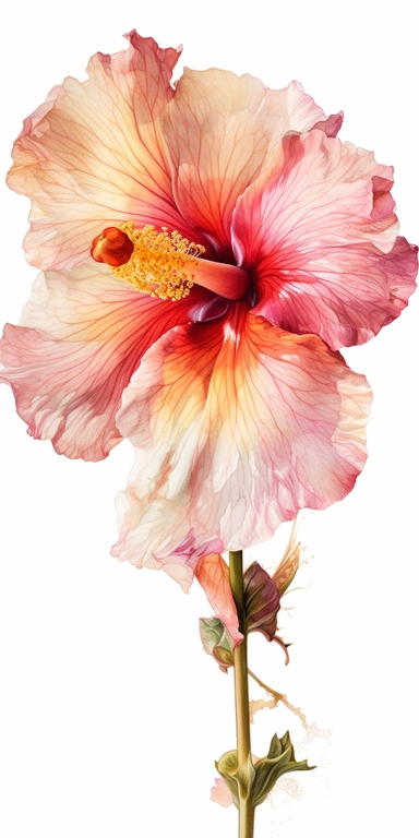 Watercolor Painting of SINGLE STEAM Hibiscus FLOWER on white background beautiful multi - headed pale, Flora Design Patterns, Flemish Baroque by Rachel Ruysch, Behance, Rococo, Intricate Detailed, Soft Light Effect, Oil Paint Strokes, Light Academia Aesthetic Flowers, Lighting cinematic, all shown shimmering stamens, tyndall light, light effect, texture, colorful, 8k, fantasy, ray tracing, depth of field, vivid, spectacular lighting, octane rendering, highly detailed, ultra - realistic, white ba