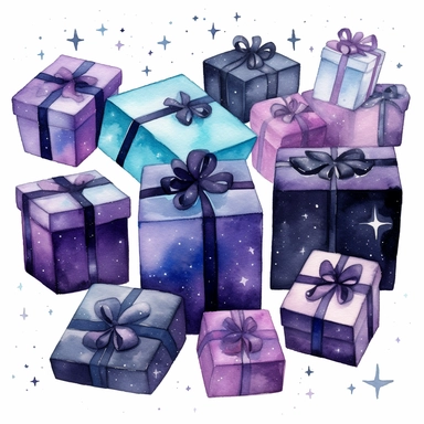 This watercolor Clipart of eleven gift boxes by Thomas W. Schallerof features a galactic design with shades of purple, blue, and black. The box is rectangular in shape and tied with a black ribbon and a small star charm.