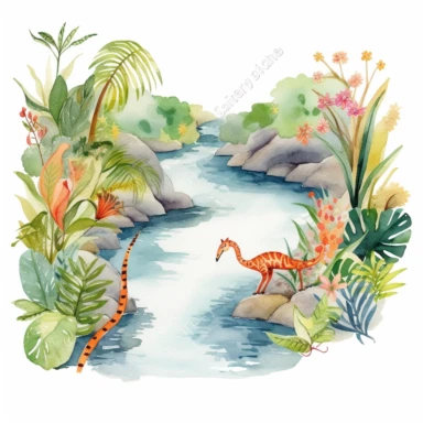 Design a watercolor jungle river clipart scene, with a winding river flowing through a lush tropical landscape filled with vibrant flowers and foliage on a white background. This adventurous design can be used to enhance various clipart elements or as a standalone decoration for exploration or nature-themed projects.