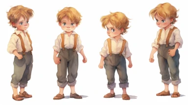 Watercolor , illustrations clipart, character sheet ,cute little boy  Hansel EDIM ( hansel character from the hansel and gratel fairy tale) in poor clothing, various emotions--seed 900
