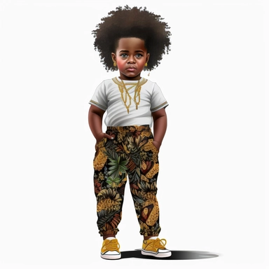 2d clipart, Full body, Gorgeous dark-skinned African American design of Beautiful tiny boy, attractive and chubby, She is wearing Juneteenth print pants, cool juneteenth print shirt, and cool shoes. 8k, white background, hyperrealistic