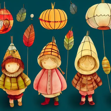 children in autumn clothes on a lantern parade, waldorf, martinmas, chalk, watercolor, clipart, white background, cartoon