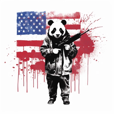 Panda dressed as a graffiti artist in vombat clothes holding a gun black and white, silhouette of American flag background, minimalist clip art by Mr. Brainwash ar 4:7