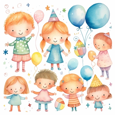 Craft a collection of childlike watercolor clipart birthday motifs that exude a sense of innocence and joy. Embrace a soft and dreamy style, reminiscent of artists like Mary Blair and Shirley Hughes, to evoke a nostalgic feeling. Incorporate charming elements like colorful balloons, confetti, cupcakes, and smiling animals, all portrayed with a gentle and hand-painted aesthetic. Let the colors be bright and lively, reflecting the exuberance of a child's birthday celebration.