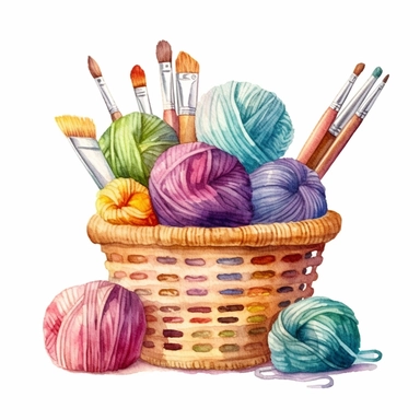 Watercolor Knitting and Crochet Tools in Wicker Basket. Wooden Knitting needle, Balls of Wool, Skein, Crochet Hook. Hand drawn clip art set, elements isolated for Knitter, Needlework store, Yarn shop