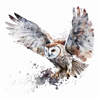 a snow owl flying illustration, in the style of realistic watercolor paintings, rusty debris, chen zhen, sketchy, angular simplicity, ivan marchuk, stock photo grid-based, clipart, isolated on a white background