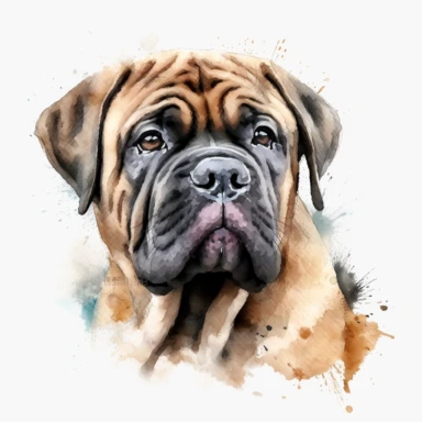 cute Alentejo Mastiff dog portrait, full face, centered shot, side shot, dynamically posed, in action, playful mood, happy mood, playing mood, cute face, adorable smile, childlike eyes, clean watercolor illustration, white background, nursery baby imagery, painting, detailed, 8k, PNG, clipart,