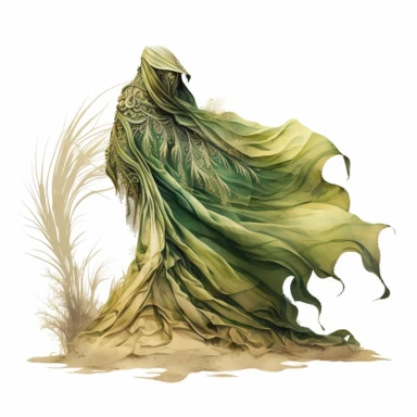 clipart. a green transparent fabric creats a beautiful princess-bird shape.wind is blowing the fabric. the sand is dark beige colour. in a gothic ancient fantasy style. beige-golden-green watercolours. cinematic shot in the style of Dune movie. white background