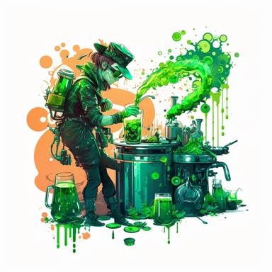 saint patrick day clipart in a cyberpunk style - leprechaun making a beer on a kitchen with a pint of green beer with adding bubbles and highlights on a white background