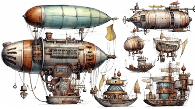steampunk airship, clipart, white background, watercolor, hyperrealism, high detail, separate elements, set