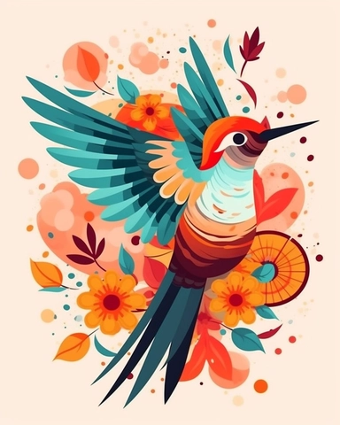 Create a colorful and playful clip art of a hummingbird. Keep the design simple and minimalistic, focusing on capturing the essence of the bird's shape and character. Use bold and vibrant colors to make the hummingbird stand out. Include a small flower or a few scattered petals as a decorative element. Emphasize clean lines and smooth curves to give the clip art a sleek and modern look. Aim for a high-quality, vector-based artwork that can be easily resized and used in various digital and print 