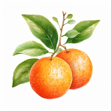 This highly detailed watercolor clipart showcases a captivating orange fruit with lush green leaves in the background, presented against a clean white backdrop. The artwork exudes an elegant and serene vibe with its neutral color palette, capturing the essence of nature's beauty. The orange is meticulously rendered, showcasing its textured peel and vibrant hue, while the surrounding leaves add a touch of botanical charm. The watercolor technique brings depth and realism to the clipart, making it