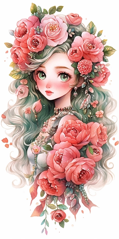 Watercolor beautiful wild roses fantasy forest fairy girl with beautiful face and big eyes with flowers, with smile, chibi kawaii animated style, vivid vibrant colors, intricate detail, hyper detailed, hyper quality, 32K, unreal engine, isolated on white background, kawaii, clipart