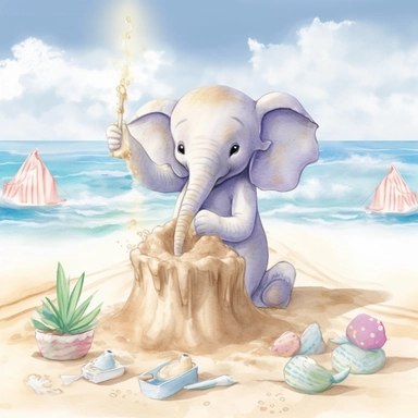 Create a watercolor illustration clipart of a playful cute Baby Elephant Making sand Castle on the beach, with its full body visible. Use soft, flowing brushstrokes and a warm, inviting color palette to create an image that is both charming and whimsical. Incorporate intricate details like the motion of Baby Elephant Making sand Castle on the beach to create a lifelike, realistic image. Can add other elements to the illustration like related item to play to create playful scene. Use white backgr