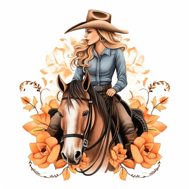 Just A Girl Who Loves Pumpkin Spice Cowgirl horse riding Sublimation Design , style by Lucy Fleming, watercolor, smooth gradients, black contour outline, ultra detailed, clipart elements, delicate pastel colors, solid white background, super clear, high quality