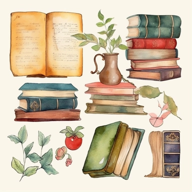 Watercolor vintage books library clipart. PNG on transparent background. Reading, retro vintage clip art set. Back To School clip art.