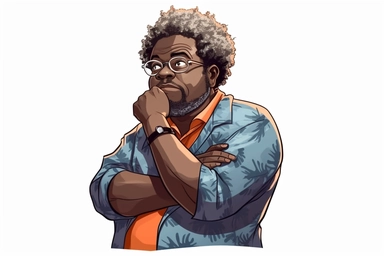 a cute matured melanin plus size man with gray afro detailed, thinking with on hand under chin thinking, full head and shoulder shot, white background, cartoon style, clipart, isolated, no signatures, rich colors, 8k, with studio lighting