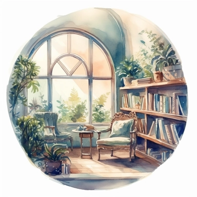 a watercolor clipart of a bookroom with a big round window, white background clipart, plants and nature, in the style of darkly romantic illustrations, uhd image, studyplace, fairycore, charming character illustrations
