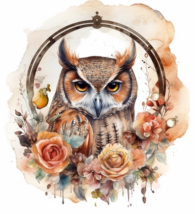 DESIGN A MAGNIFICENT AND EXQUISITE BREATHTAKING ONE-OF-A-KIND HIGH QUALITY HIGHLY DETAILED MASTERPIECE WATERCOLOR CLIPART ILLUSTRATION OF an owl in a circle with roses on the design, in the style of fantastical creatures, grid, white and amber, cybersteampunk, wimmelbilder, gemstone, pictorial dreams, WHITE BACKGROUND
