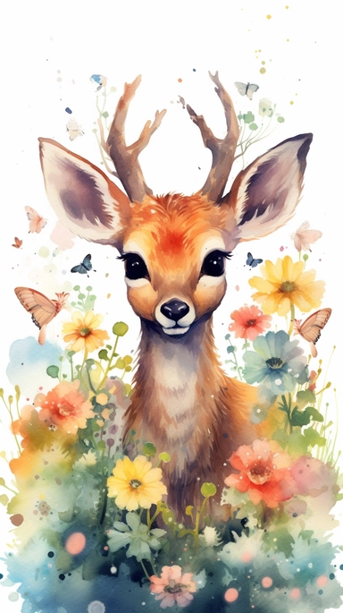A cute baby deer sitting in a bed of colorful flowers, looking up at the sky with curious eyes, surrounded by butterflies and bees, evoking a sense of innocence and wonder, Watercolor painting with a bright and cheerful color palette, emphasizing the playfulness of the scene, watercolor clipart, white background