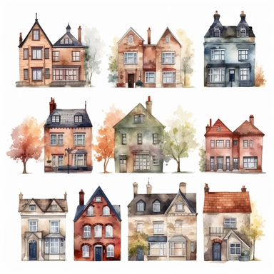 watercolor semi detached london houses , illustrations clipart set, simple, , cartoon elements ,different variants , separate elements with a margin
