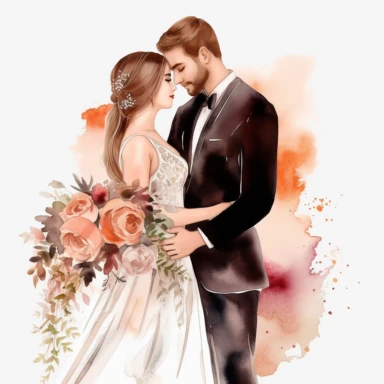 realistic just married couple watercolor clipart single design, 8k