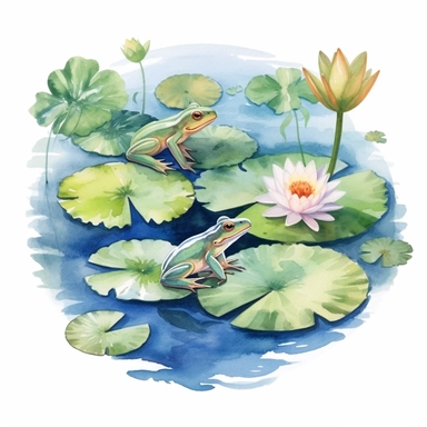 Watercolor Lily Pond Clipart, lily pad and frog pond, CLIPART, fish and birds