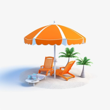 3d island paradise beach clipart in animation style, beach chair, sunshade, boat, summer, vacation, in solid white background, bright color, high resolution, 8K,