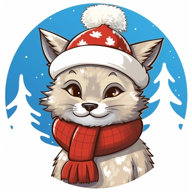 Presenting a cartoon Canada lynx in a winter wonderland. The design should capture the Canadian patriotism with a touch of humor. The lynx can be portrayed wearing a cozy toque and scarf, surrounded by snowy trees. The artwork should be vibrant, detailed, and suitable for a sticker.r, that can be used as a sticker, colorful, highly detailed, white background, style of pixar clipart, white background,--no cut off edges