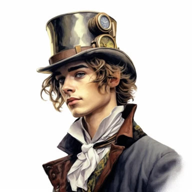 beautiful stunning handsome steampunk young man, paint art style, clipart, white background, superrealistic, one of a kind
