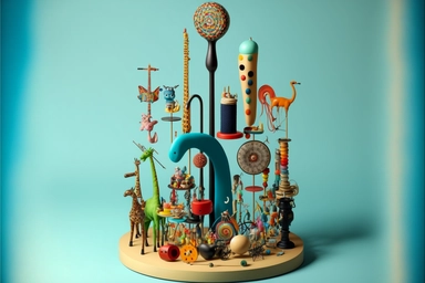 a sculpture of a candlestick, kangaroo, guitar, jaguar, yo-yo, pogo stick, baseball, cobra, wheel, bicycle, stethoscope, microscope, firecracker, iguana, trampoline, ping-pong paddle, cactus, dragonfly, ferris wheel, python, octopus, snail, horseshoe, boomerang, flamingo, snowflake, ladybug, pencil, credit card, camera, glass, stapler, remote control, key, book, envelope, toothbrush, ladder, compass, calculator, scissors, alarm clock, paper clip, ruler, pencil case, eraser, briefcase, water bott