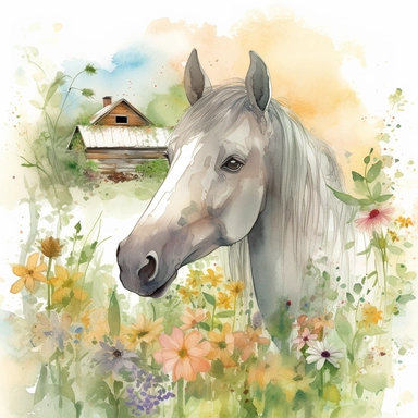 Visualize a clipart-style watercolor illustration of a close up of detailed a sociable horse amidst a lively farm, surrounded by wildflowers on a sunny days, set against a clean white background. Use bright, pastel colors, ensuring the colors pop against the stark white backdrop. Fill the environment with lush greens, radiant yellows, and clear blues. Introduce leading lines to provide depth and guide the viewer's attention to the horse's inviting expression and farm in the background. The compo