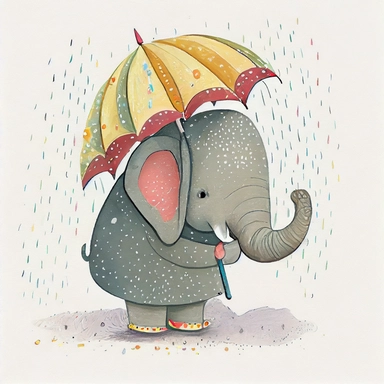 cute smiling elephant holding an umbrella in the rain, artistic and delicate whimsical children's book illustration, hand drawn doodle, clipart, pastel painting with vibrant warm colors, by Amanda Clark and eric carle, white background