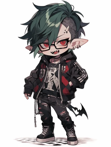 chibi, simple, anime boy, messy dark green hair, red eyes, sharp teeth, choker necklace, grey black striped sweater, black pants, hair clip, goth, punk, red, gothic, lip ring, round glasses, pointed ears, vampire, black jacket, full body, man, male, tattoos