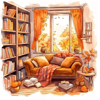 Cozy bookworm corner, autumn Watercolor style, brown and orange tone tone, There is a big window and couch. Many books, png, , style by Lucy Fleming, watercolor, smooth gradients, black contour outline, ultra detailed, clipart elements, delicate pastel colors, solid white background, super clear, high quality