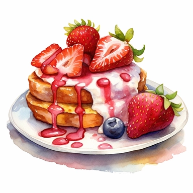 Commercial shot of ultra - realistic watercolor painting of really delicious strawberry breakfast clipart, aesthetic, good looking food, delicious, yummy, foodie, healthy, white background no text, isolated on white, watercolor illustration, award winning, strong and sharp lines