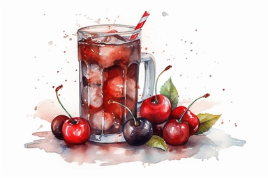 Watercolour cherry cola clipart, hd, on white background, spaced out