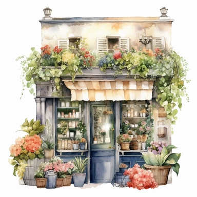 Big fantasy Watercolor floral Flower Shop store Clipart, make it detailed and creative, white background