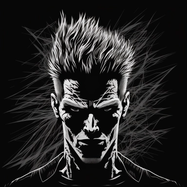 portrait of a gaunt, angry god, angular, shaven face, spiky hair, face in darkness, rim lighting, dramatic lighting from below, futuristic, vector, clipart, flat, b&w, black background