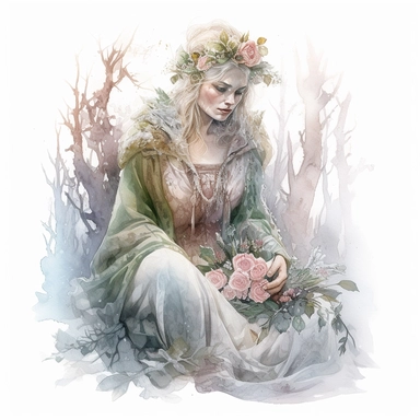 isolated on white illustration watercolor Biochromism art of a beautiful witch, white and light pink roses and flowers, covered with snow and ice, a lot of moss and branches, bakery shop, trees, lace and embroidery, masterpiece by Tomasz Alen Kopera style and by Carl Holsoe style and by Hannah Dale style and by Alexander Jansson style, PNG clipart, isolated on white, white background, extreme photorealistic details, 32k HD resolution, realistic high detailization high resolution