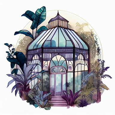 on a white background for a clipart realistic and detailed whimsical deep and bright color watercolor and black ink illustration in the 2d anime style. a glass greenhouse in art deco style. Add magic vegetation, magical details and mystical atmosphere. plants are everywhere
