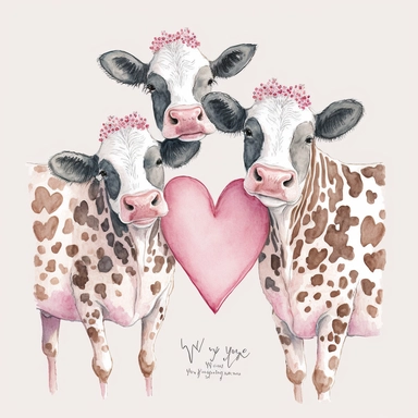 pink valentine cow print hearts, Lilla Rogers agency, watercolor, fairytale, folkart, clipart, white background