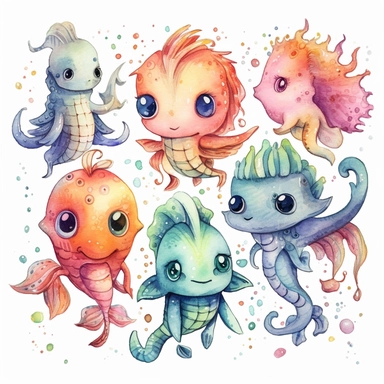 cutest little nursery sea creatures with big eyes, full body, pen and ink with watercolor, pearlescent horn, sparkles, glittery, clipart sheet, nurseycore