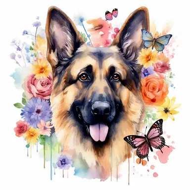 a vibrant watercolor clipart image of a dog German Shepherd with a white background, surrounded by colorful flowers and butterflies.