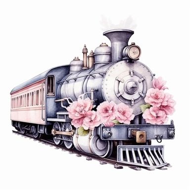 hand drawn , watercolor, hyper realistic, white background, white margins, 16k, ultra detailed clipart, cut out image, hand-drawn, ultra HD, sharp and clean art a vintage train with delicate floral , capturing the romantic and feminine aesthetics often associated with vintage fashion and travel. light pink pastel