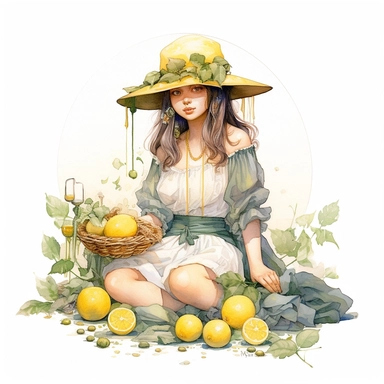 front illumination of ultra realistic watercolor of full body of an insanely beautiful Edwardian era farm girl, sitting on the field with some lemons next to her, lemon themedhighly detailed and realistic, insane quality, mystic, wiccan, art nouveau art style, clipart witchcore dreamcore cottagecore white background no text, isolated on white, ghibli style, watercolor illustration, award winning