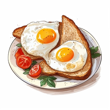 detailed, vintage style, illustrated in clip art style, delicious breakfast spread, two perfectly fried eggs with bright, sunny yolks, and two slices of golden, crispy toast, arranged neatly on a clean white plate, clean white background, perfect for etsy merchandise