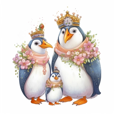 a fairy cute Royal Penguin Family clipart , the parents and two kids wearing the coronation robe and crowns and smilling and happy , white background