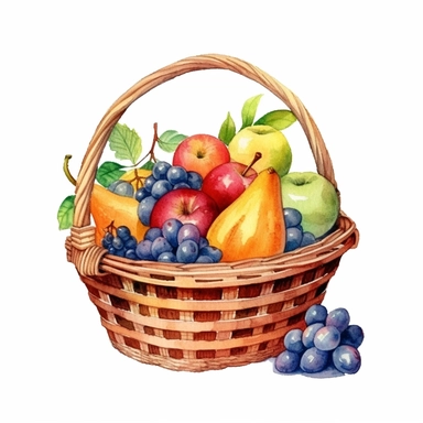 watercolor fruit basket clipart, white background, realistic with high details, beautifully colored with strong palette pastel colors, 32k hd, detailed quality